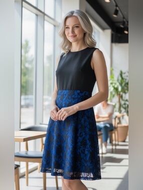 Donna Ricco Black and Blue Lace Fit-and-Flare Skirt Dress